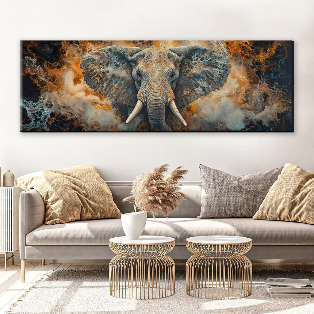 a painting of an elephant on a wall above a couch