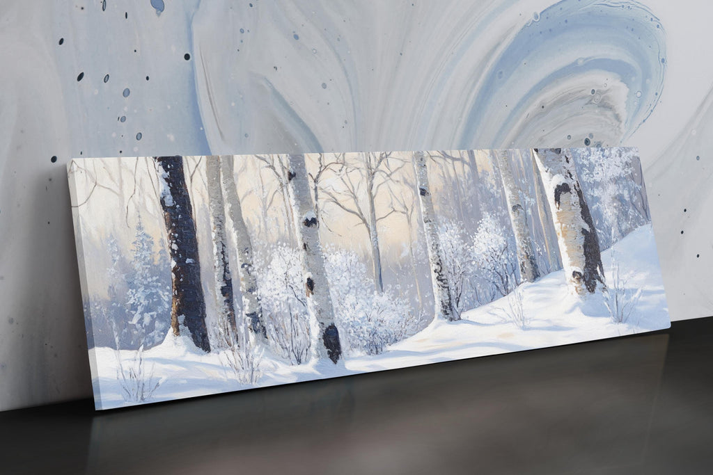 a painting of a snowy forest with trees