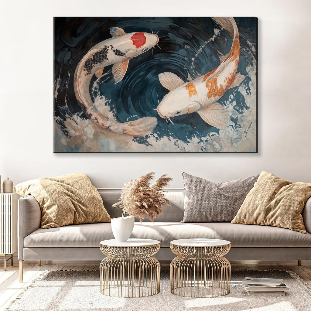 a living room with a couch and a painting on the wall
