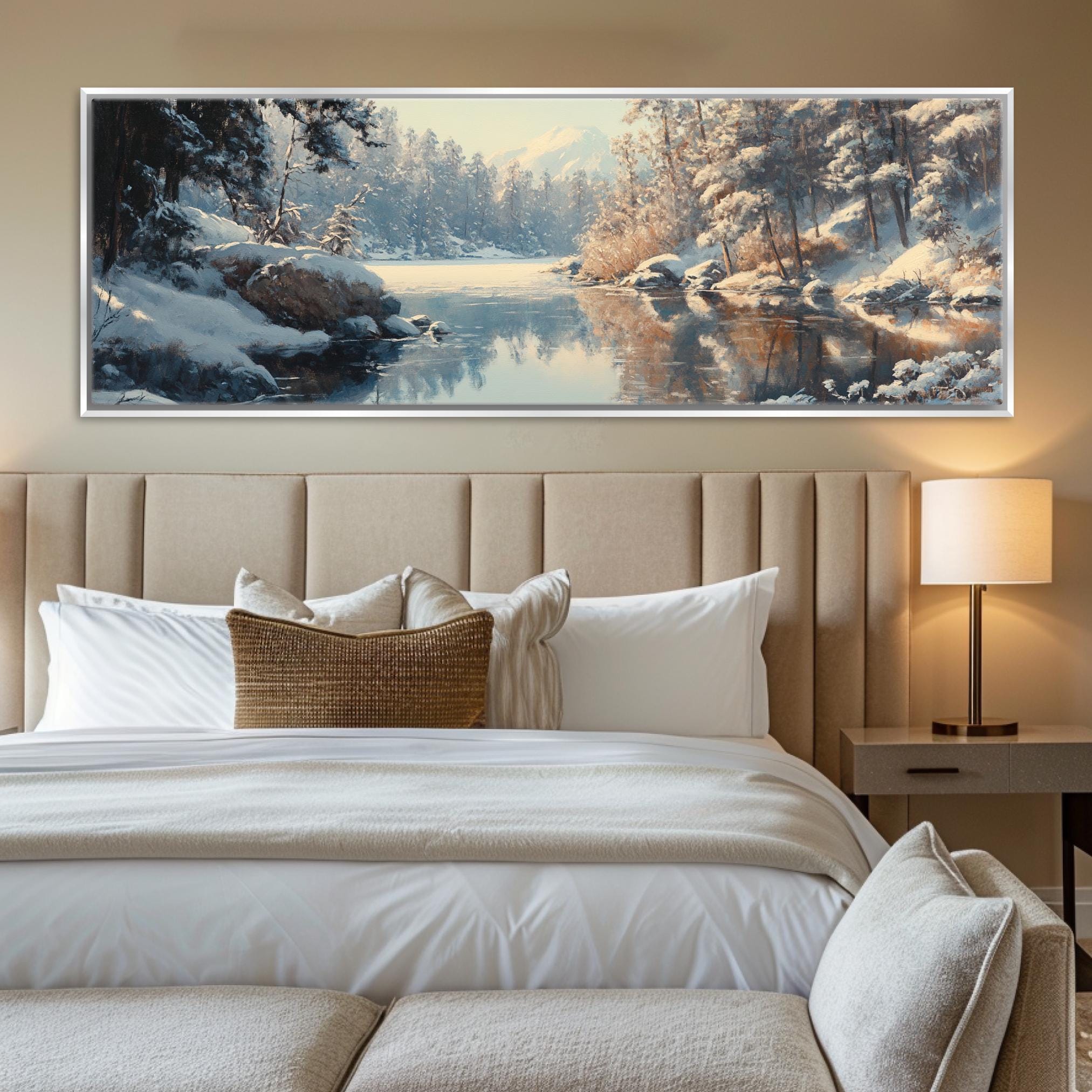 a bedroom with a large painting on the wall above the bed