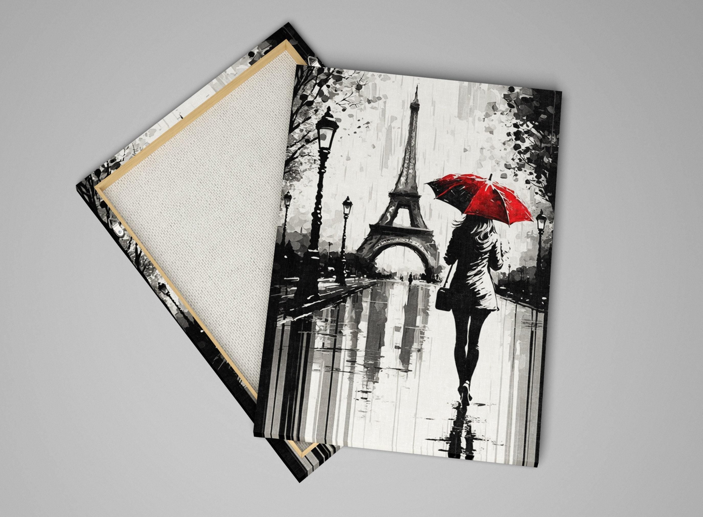 Paris Street Canvas – Woman with Red Umbrella | Black and White Art with Touch of Red