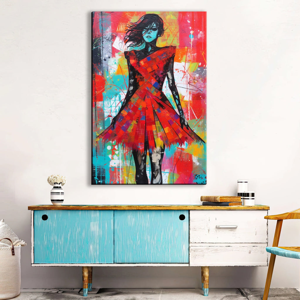 Red Dress Canvas Art | Contemporary Pop Art Painting - Female Home Decor