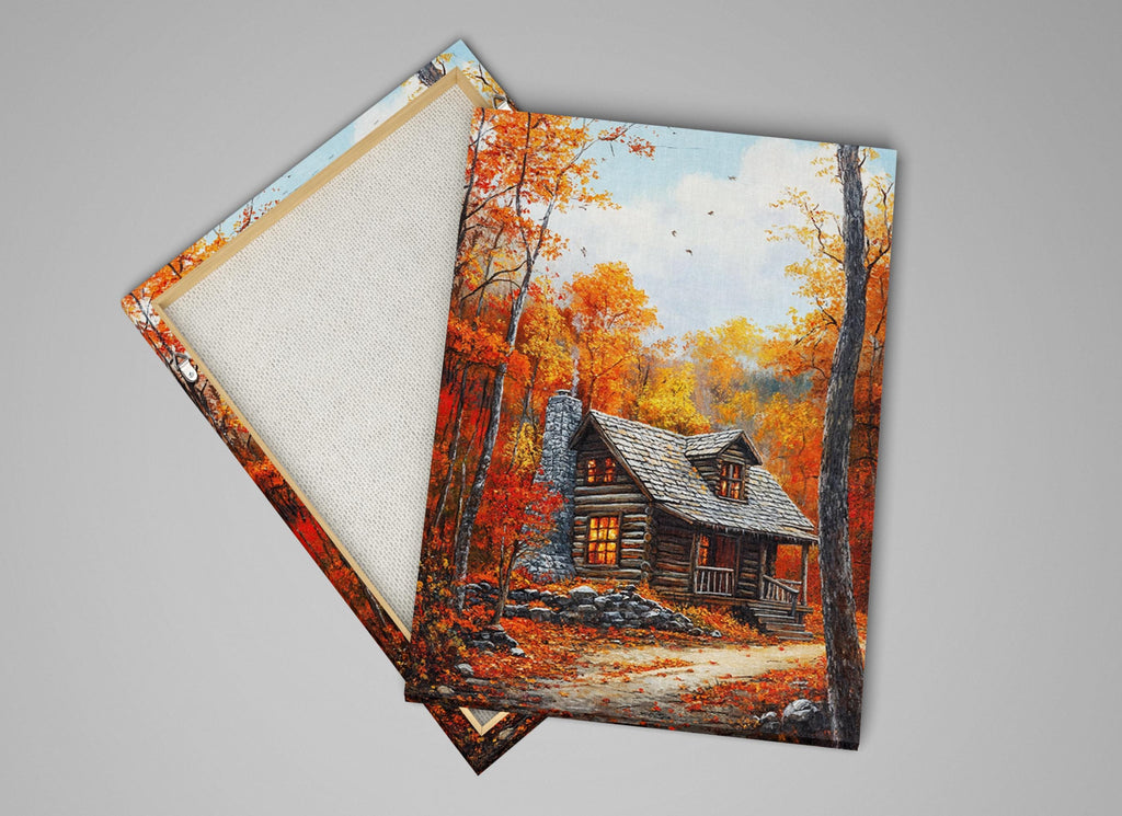 a rustic log cabin nestled in a picturesque autumn forest, with vibrant orange and yellow foliage surrounding the cabin.