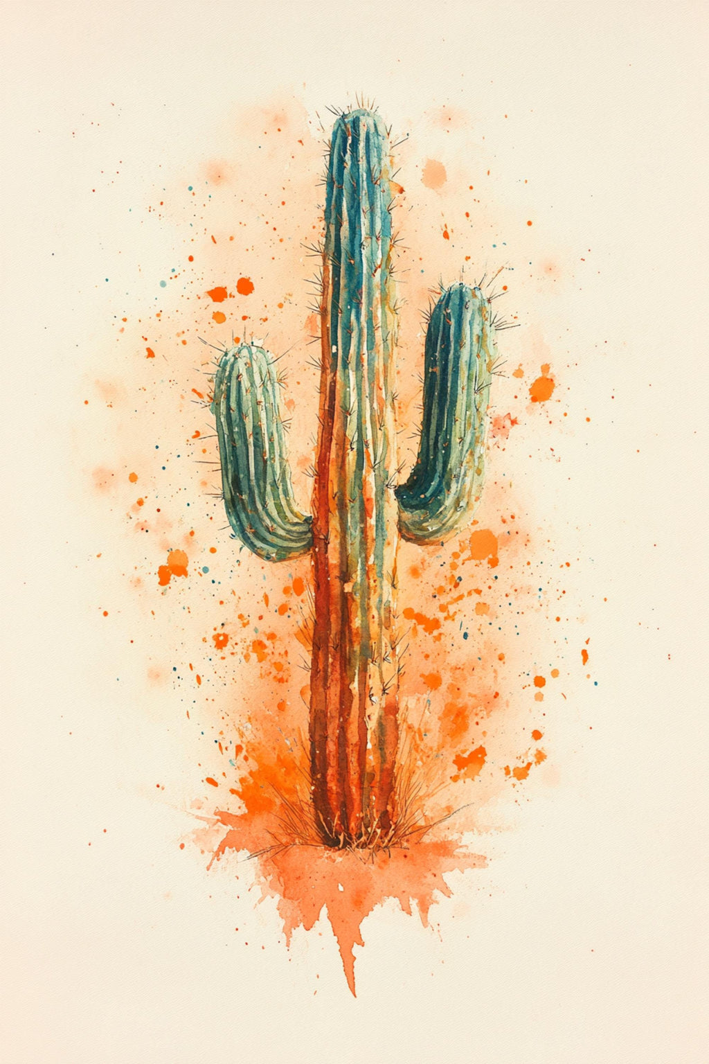 A watercolor painting of a cactus with a vibrant orange and blue color scheme, surrounded by orange splatters against a light beige background.
