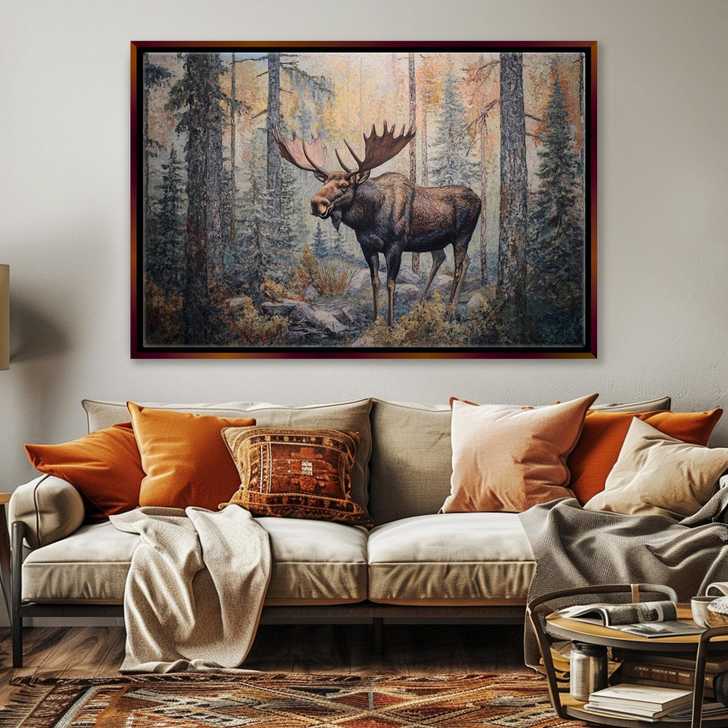a living room with a couch and a painting on the wall