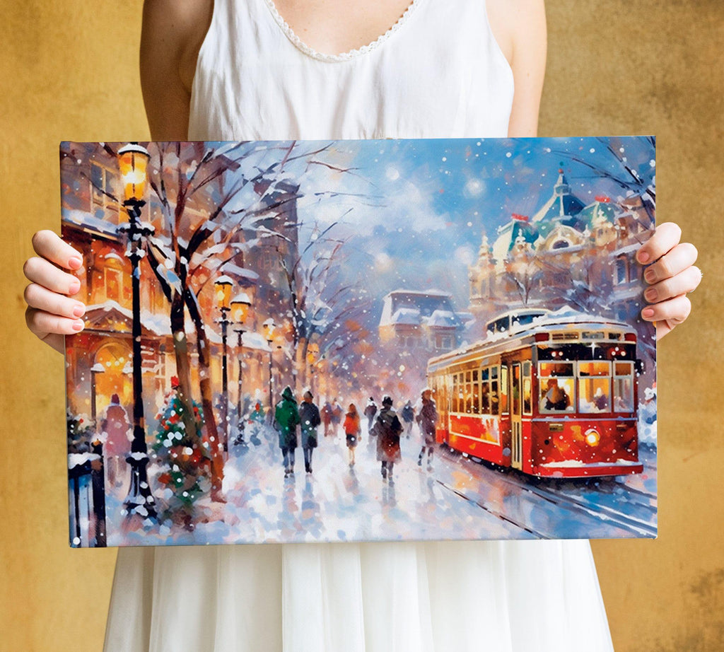 Magical Wintery City Watercolor - Classic Christmas Art, Print on Canvas, Artist Paper, Watercolor Paper, Available in Extra Large Sizes