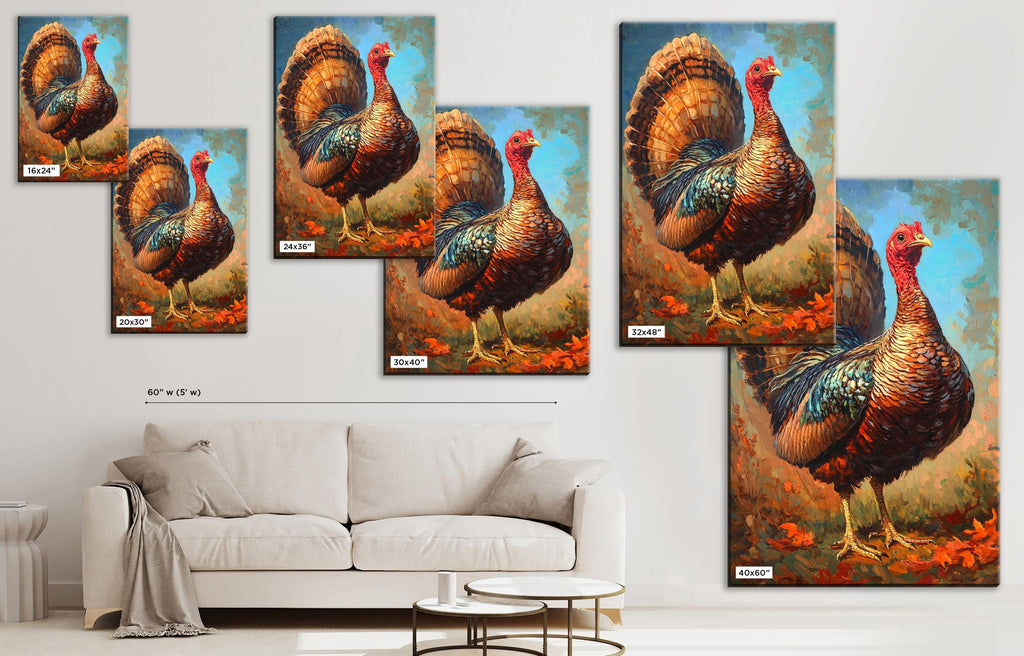 The image is a collage of five paintings depicting turkeys in various poses and settings, including one of a turkey standing on a bed of leaves.