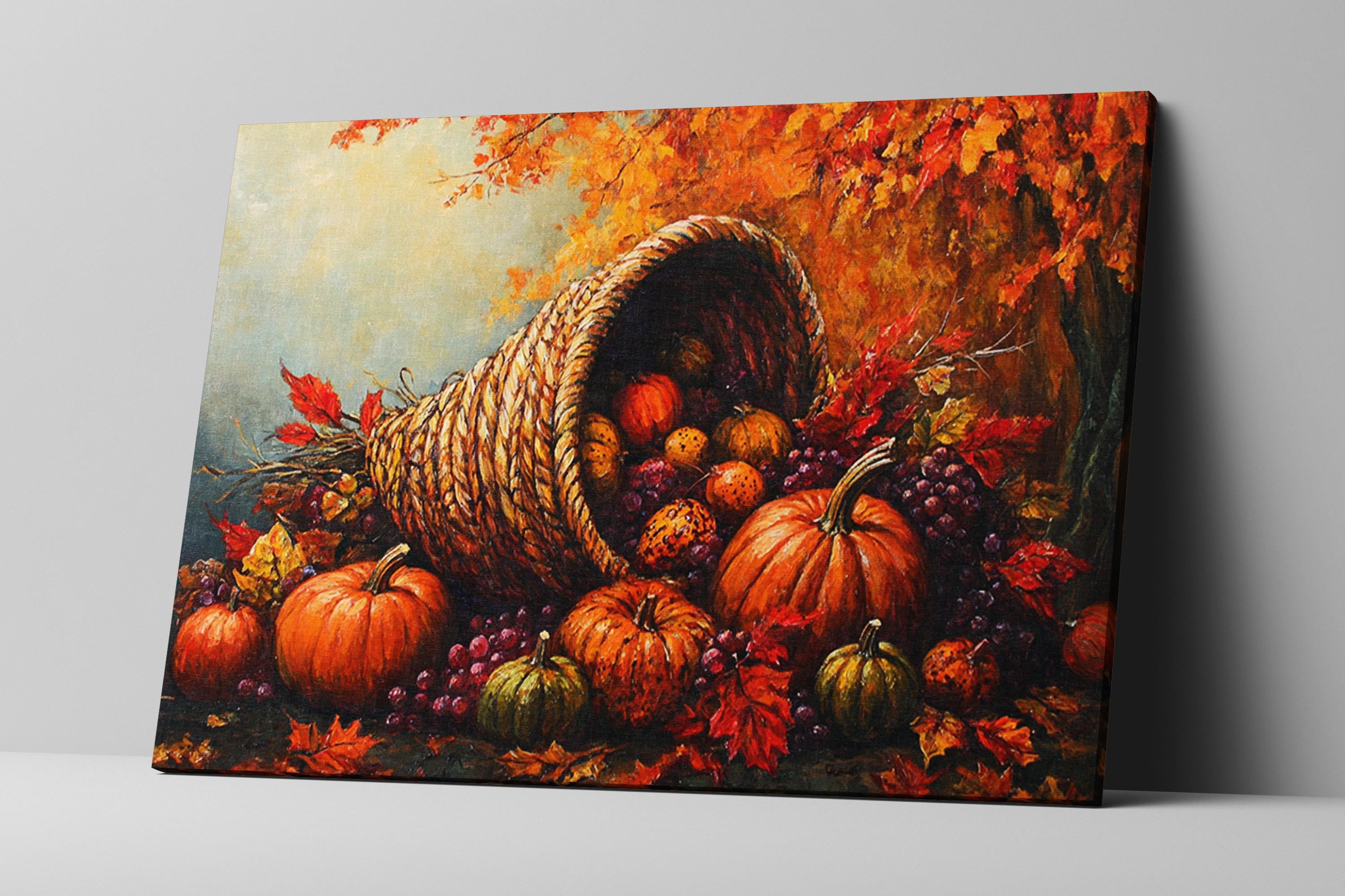 a vibrant autumn scene with a large woven basket overflowing with a variety of fruits and vegetables, including pumpkins, apples, and grapes, set against a backdrop of colorful fall foliage.