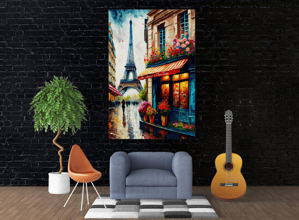 French Bistro Canvas - Paris Street Scene With Eiffel Tower Print | Gallery Ready Frame