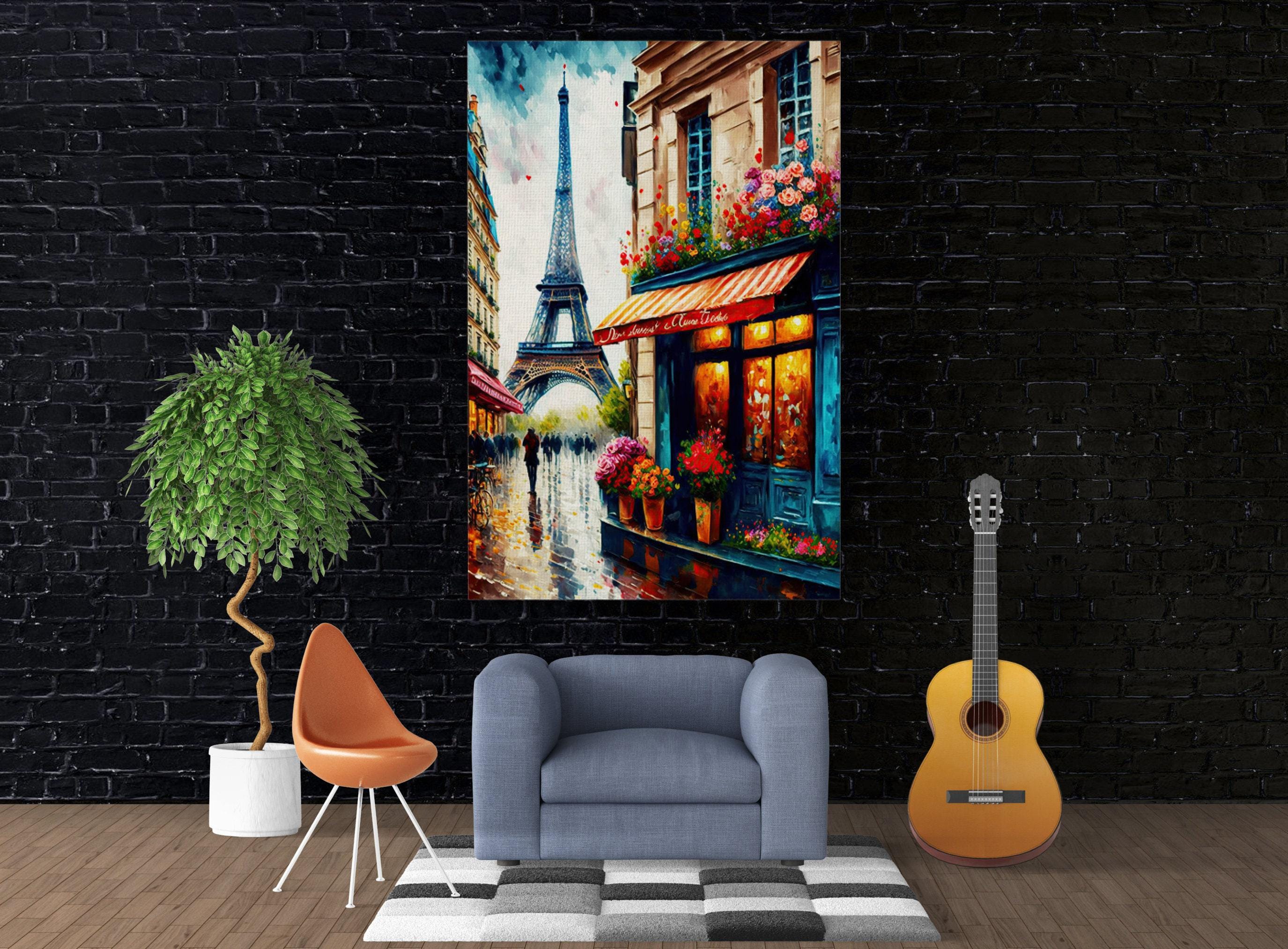 French Bistro Canvas - Paris Street Scene With Eiffel Tower Print | Gallery Ready Frame