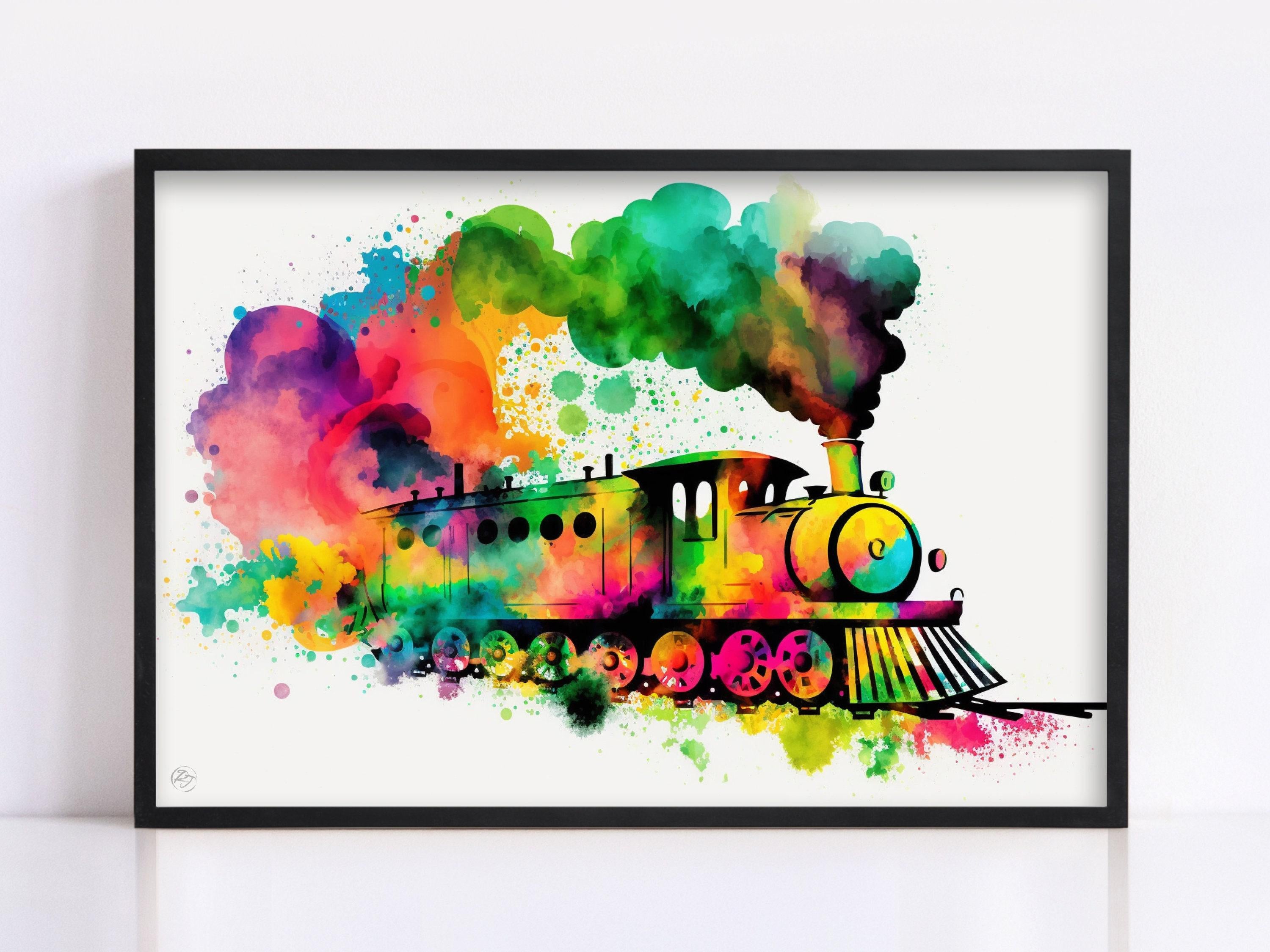 Steam Train Elegance: Watercolor Railroad Wall Decor, Giclee Print on Canvas, Artist Paper, Watercolor Paper, Available in Extra Large Sizes