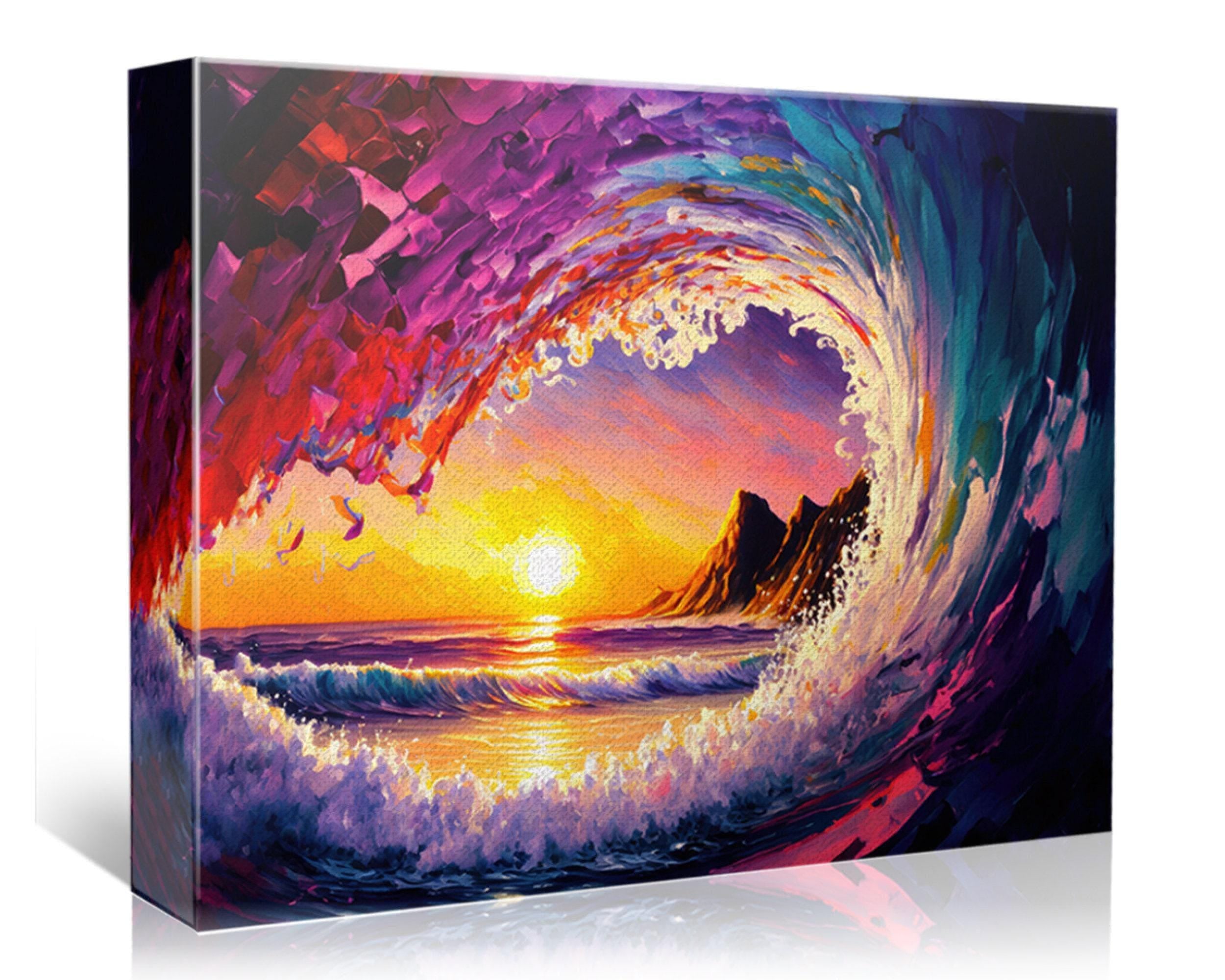 Ocean Wave Canvas Print - Hawaii Surfer Art | Big Wave Art Print, Vibrant Sunset Colors