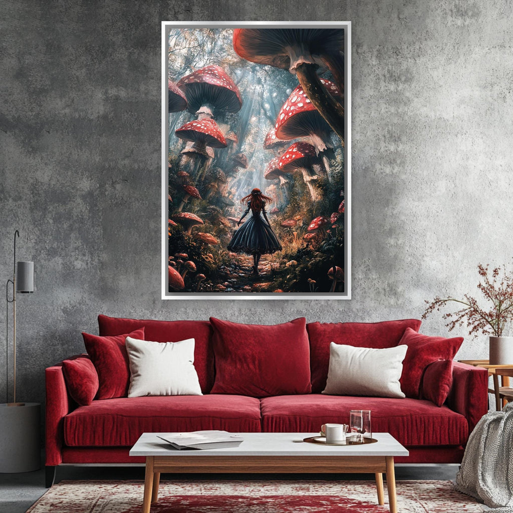 a living room with a red couch and a painting on the wall