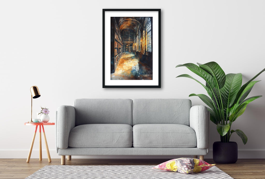 a gray sofa, a framed painting of a hallway, a small table with a lamp, and a potted plant, all arranged in a living room setting.