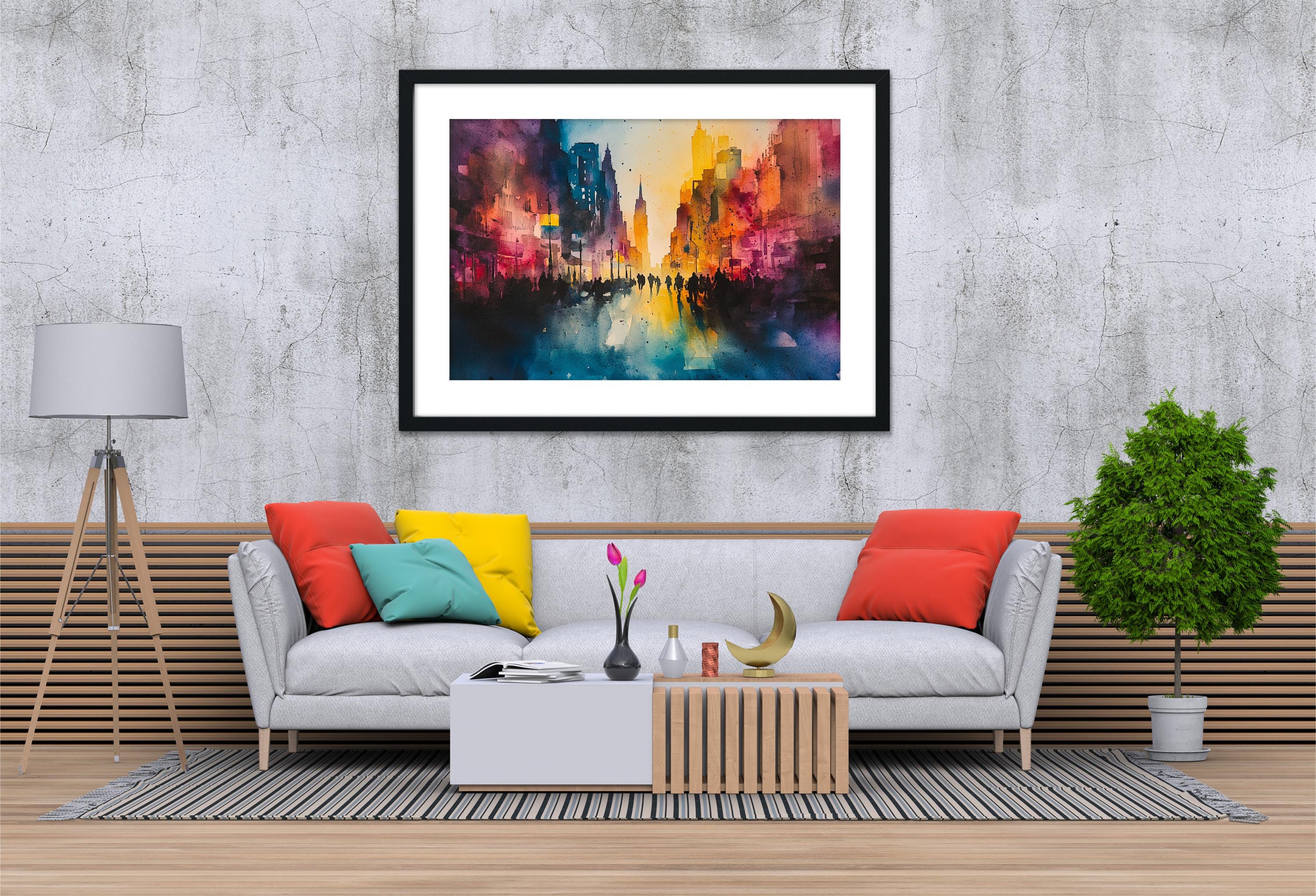 a modern living room with a gray sofa, a wooden coffee table, and a framed painting of a cityscape hanging on the wall above the sofa.