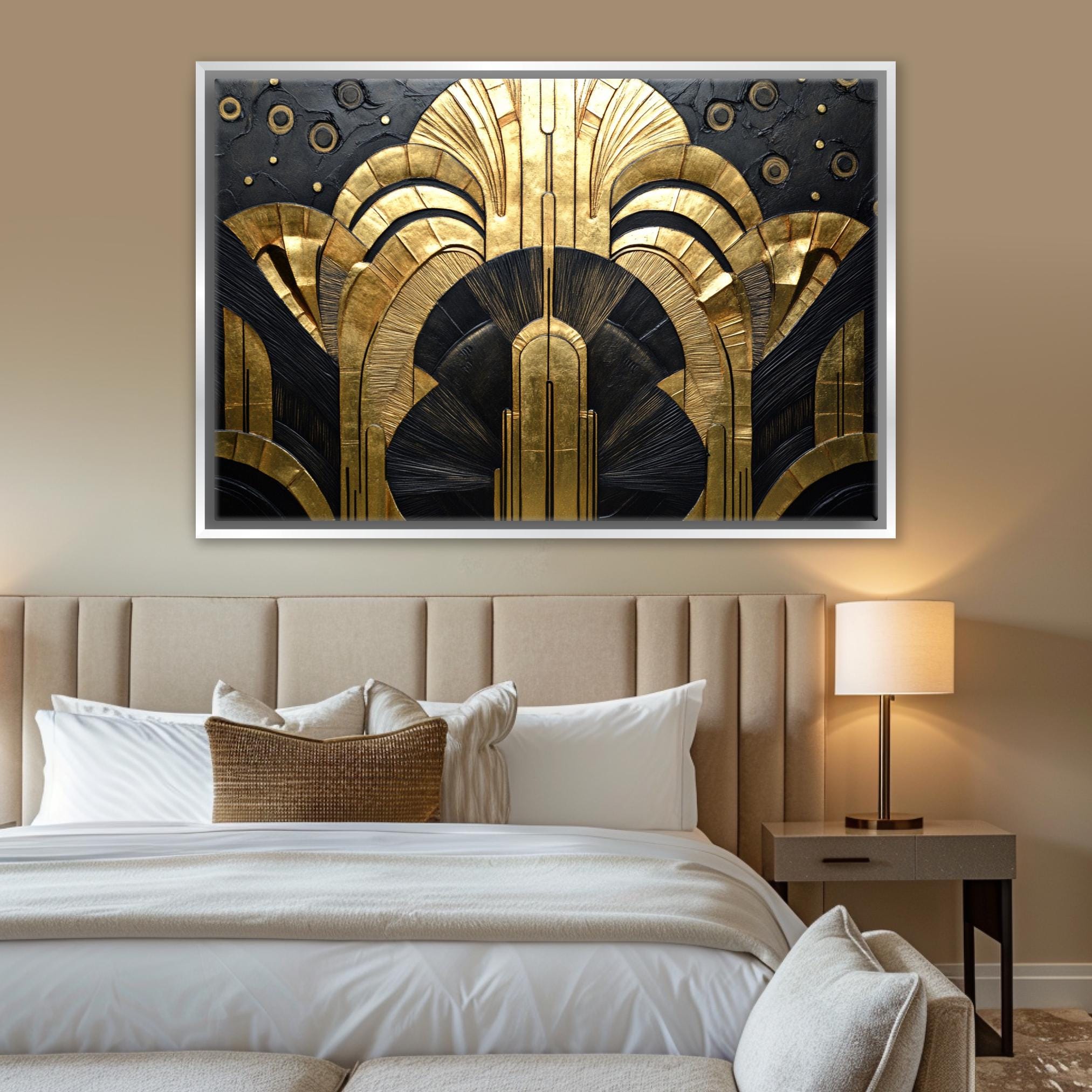a bedroom with a large bed and a painting on the wall