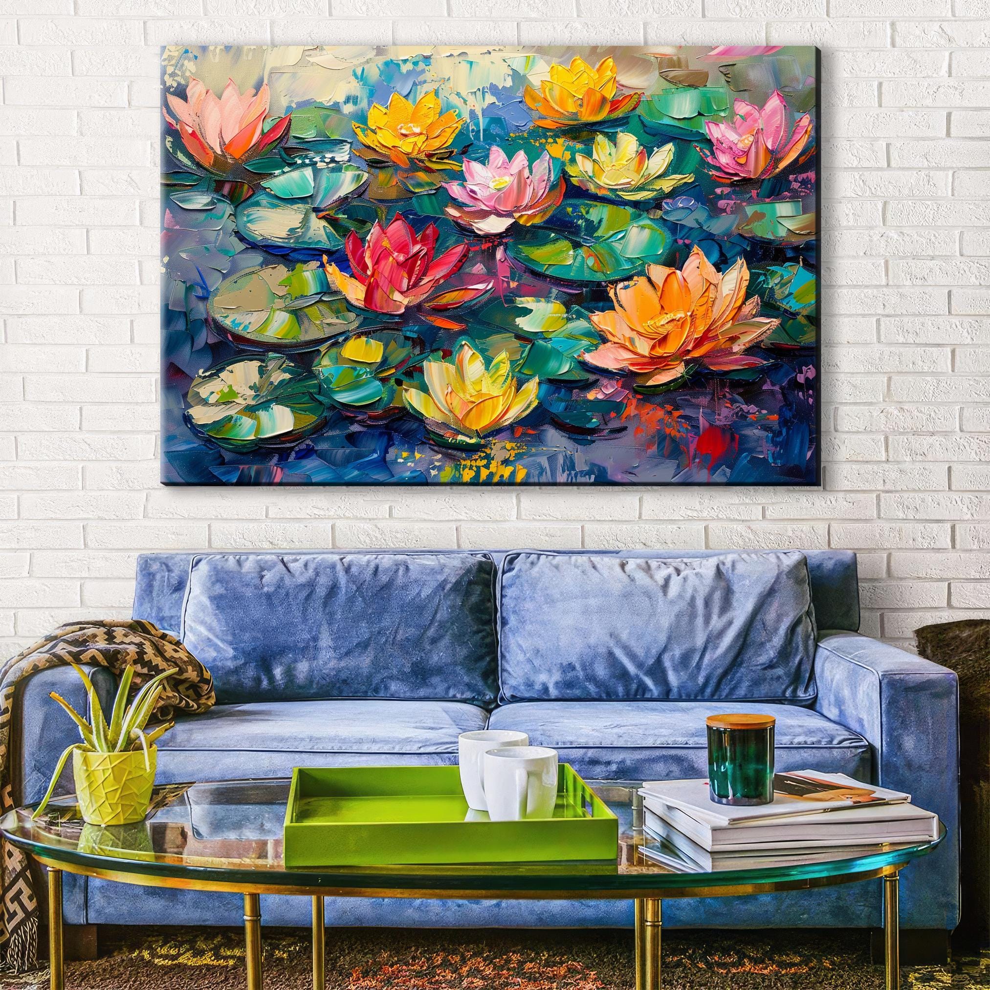 Water Lilies Canvas | Large Canvas Art - Oversized Botanical Wall Art in Impasto Painting Style