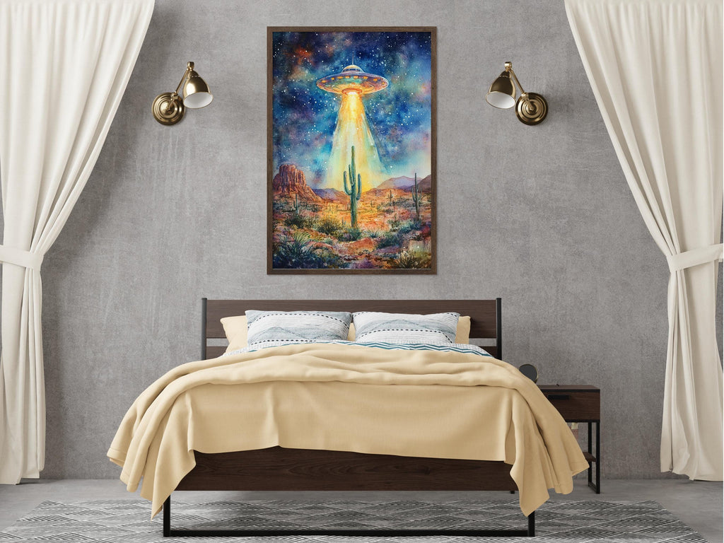 a bedroom with a large bed, a nightstand, and a painting of a desert landscape with an alien spacecraft hovering above it.