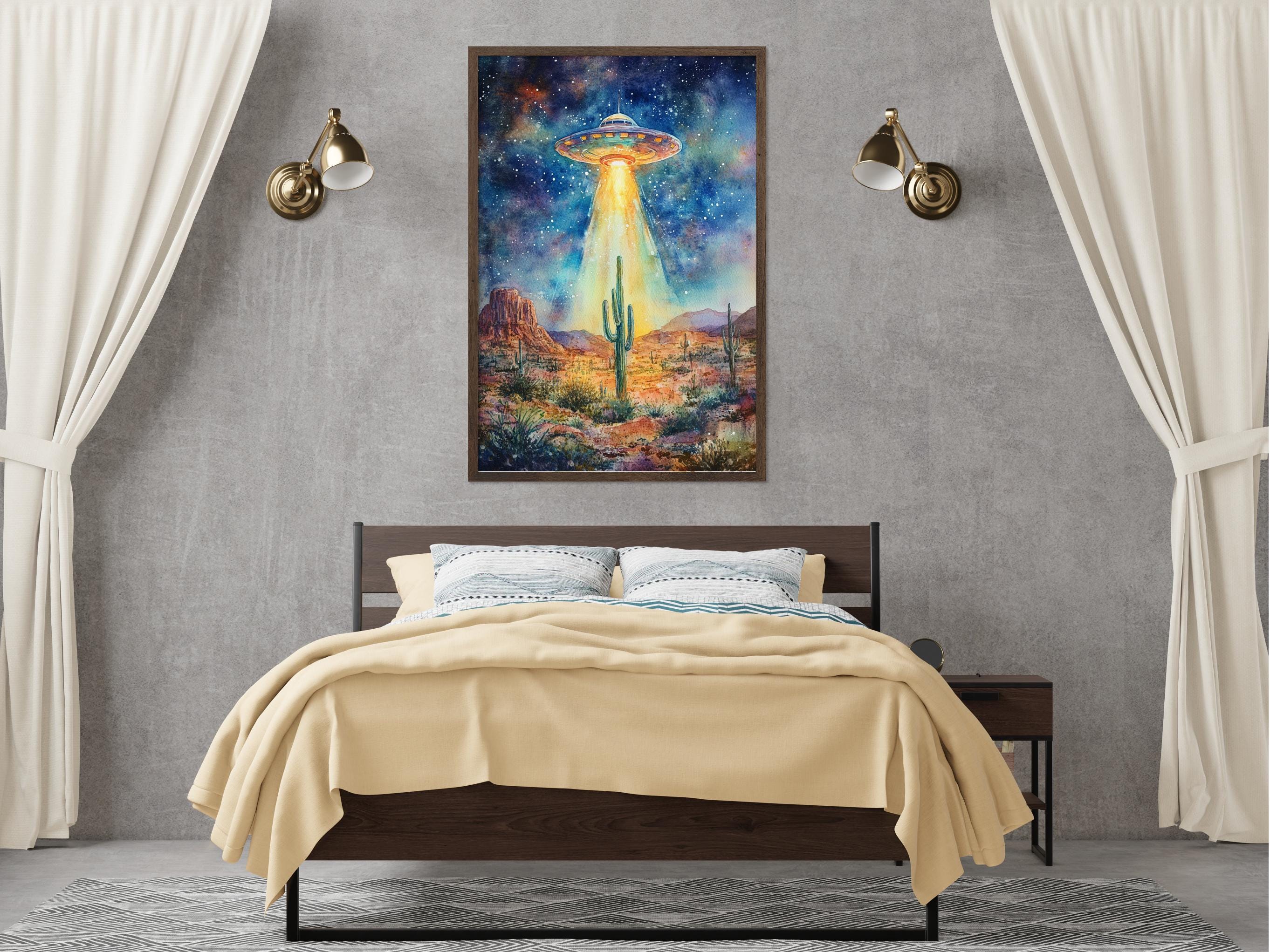 a bedroom with a large bed, a nightstand, and a painting of a desert landscape with an alien spacecraft hovering above it.