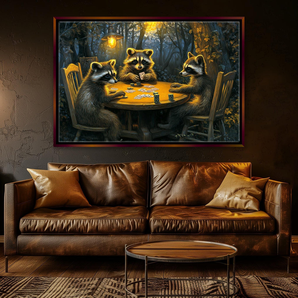 Raccoons Playing Poker Art – Extra Large Canvas | Framed Wall Art for Game Room