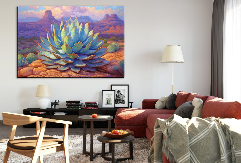 Blue Agave Canvas Art – Desert Pastel Painting on Gallery Wrapped Canvas, Extra Large