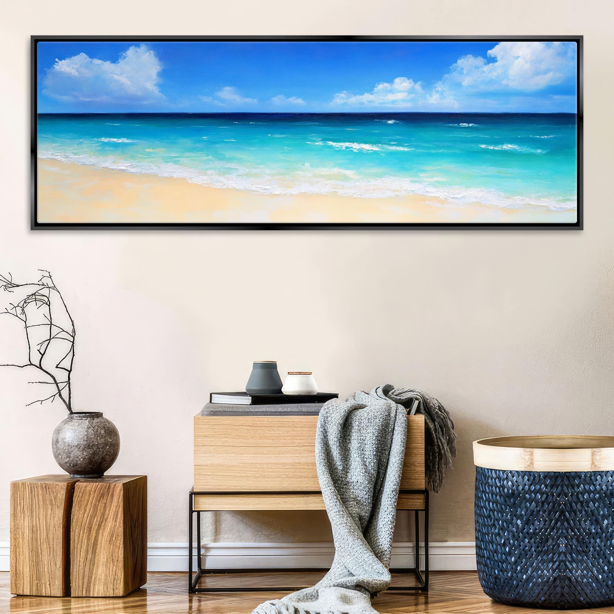 a painting of a beach with blue water