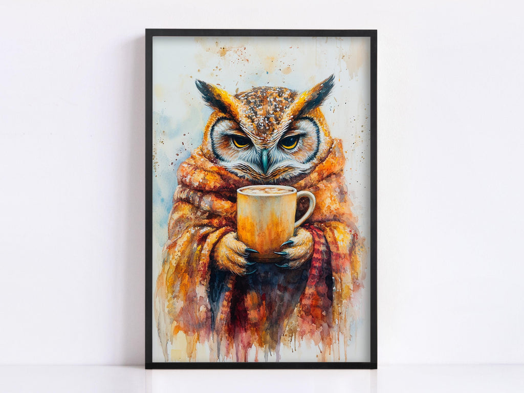 A framed painting depicting an owl wearing a scarf and holding a cup of coffee.