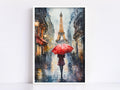A woman walks down a rainy street, holding a red umbrella, with the Eiffel Tower visible in the background.