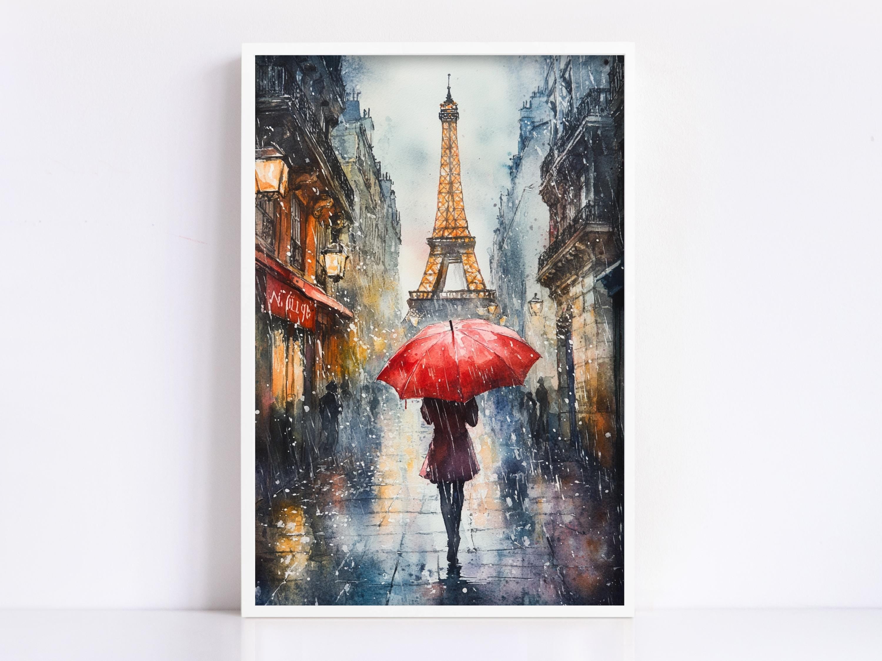 A woman walks down a rainy street, holding a red umbrella, with the Eiffel Tower visible in the background.