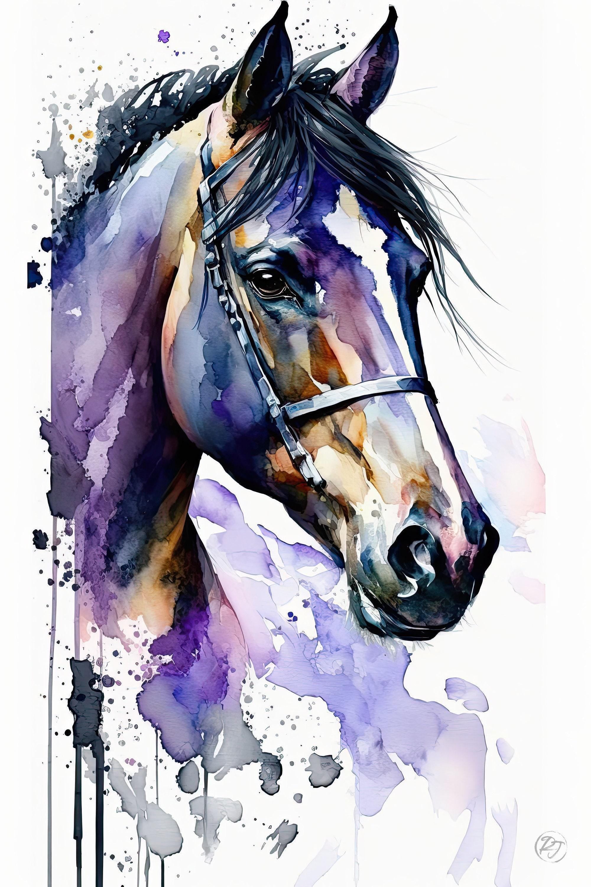 The image is a watercolor painting of a horse's head, featuring a detailed and colorful depiction of the horse's features.