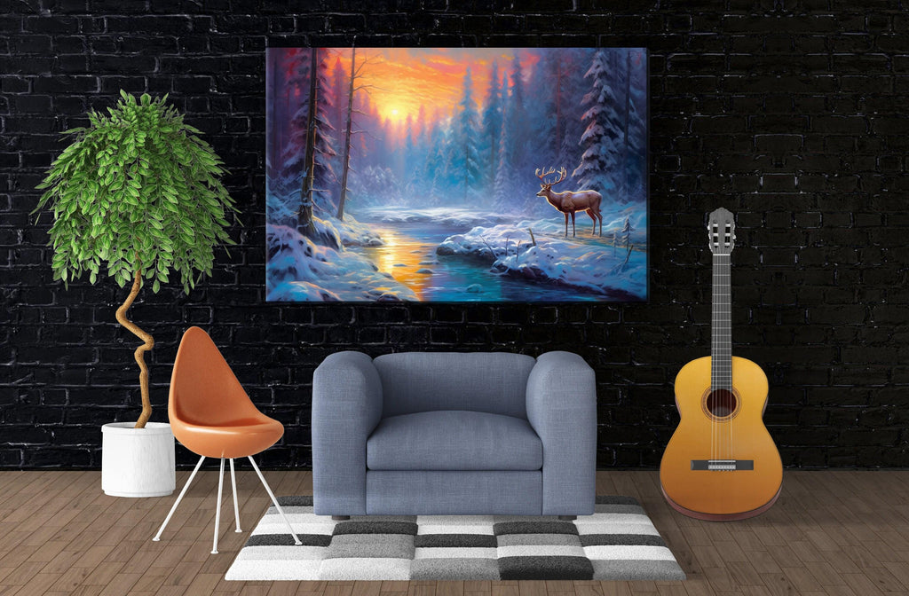 Winter Elk Canvas Art - Large Giclee Print | Rustic Winter Landscape Decor