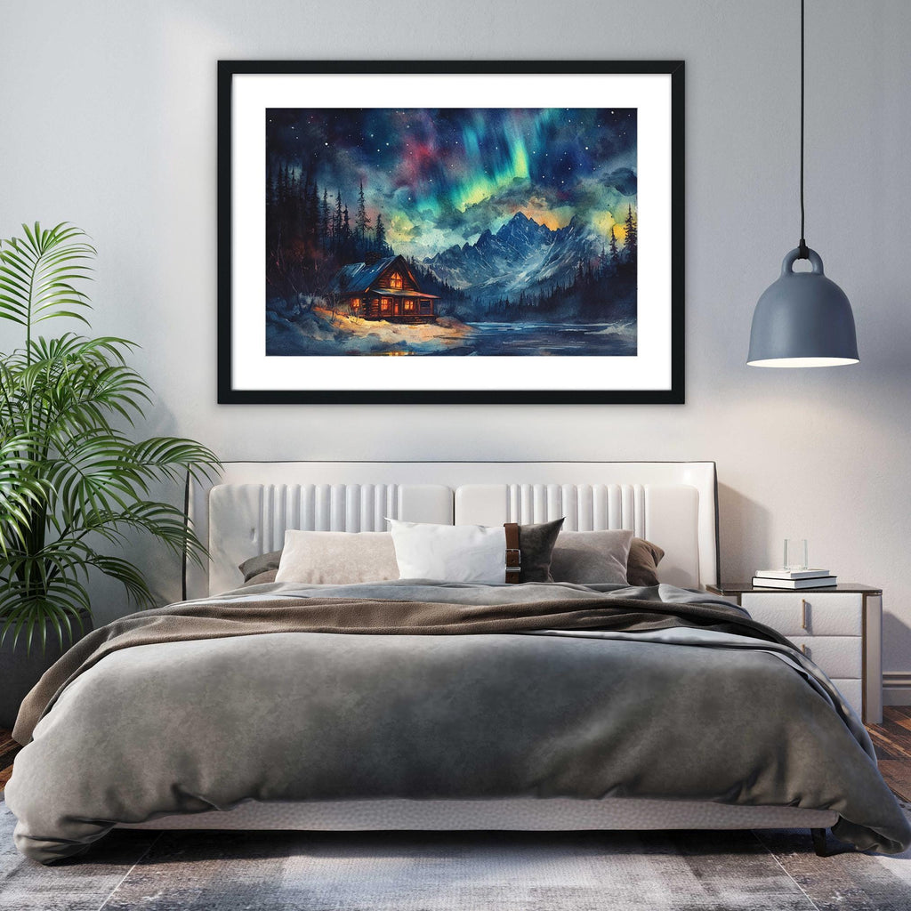 a serene bedroom scene with a large bed, a framed painting of a snowy mountain landscape, and a potted plant on the left side of the room.