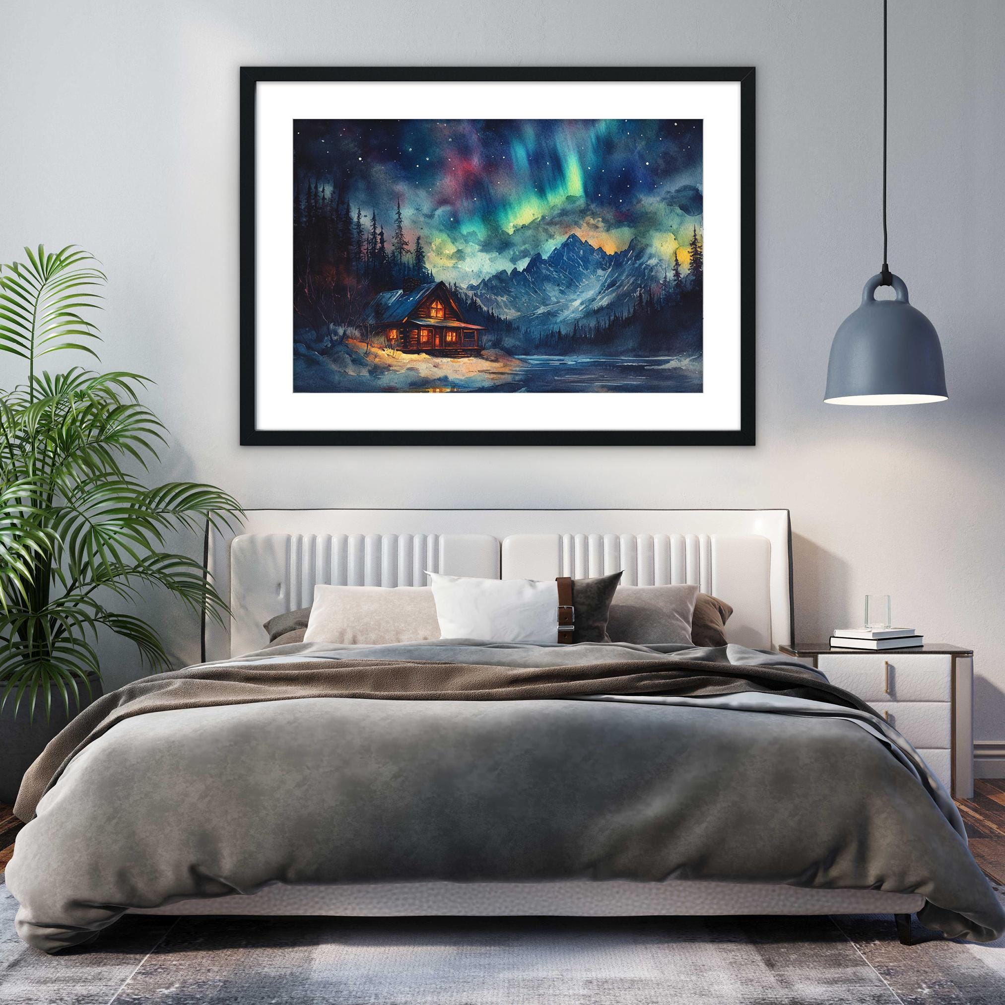 a serene bedroom scene with a large bed, a framed painting of a snowy mountain landscape, and a potted plant on the left side of the room.
