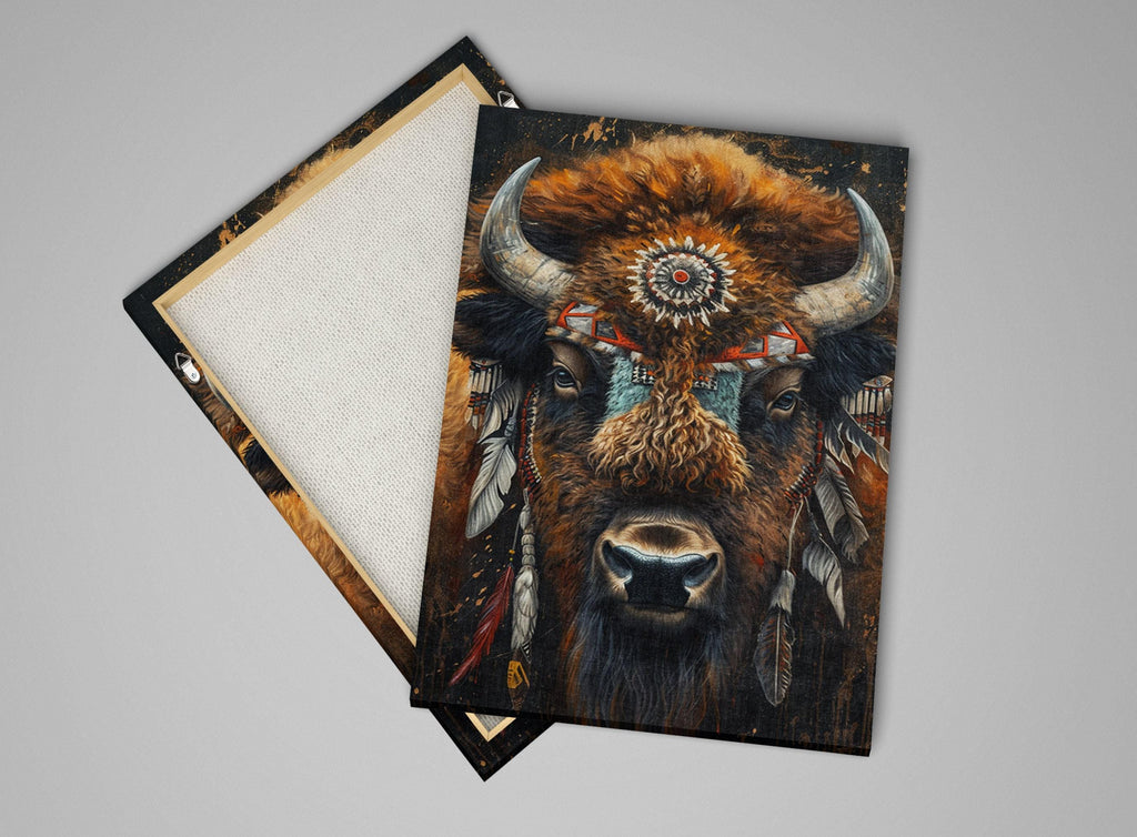 a close-up of a buffalo's face, with a detailed and colorful depiction of its features, including its large horns, prominent nose, and expressive eyes.