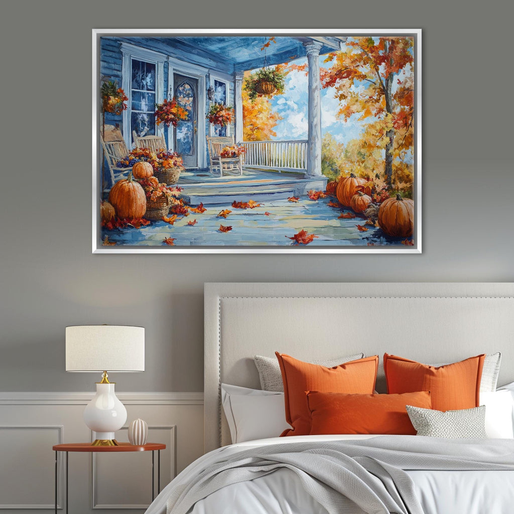 a cozy autumn scene with a porch adorned with pumpkins and fall foliage, creating a warm and inviting atmosphere.