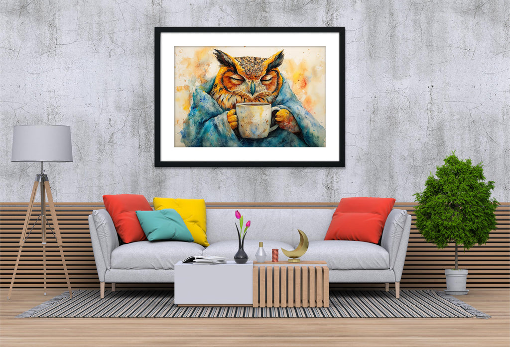 a cozy living room with a gray sofa adorned with colorful pillows, a wooden coffee table, and a framed painting of an owl holding a cup of coffee hanging on the wall above the sofa.
