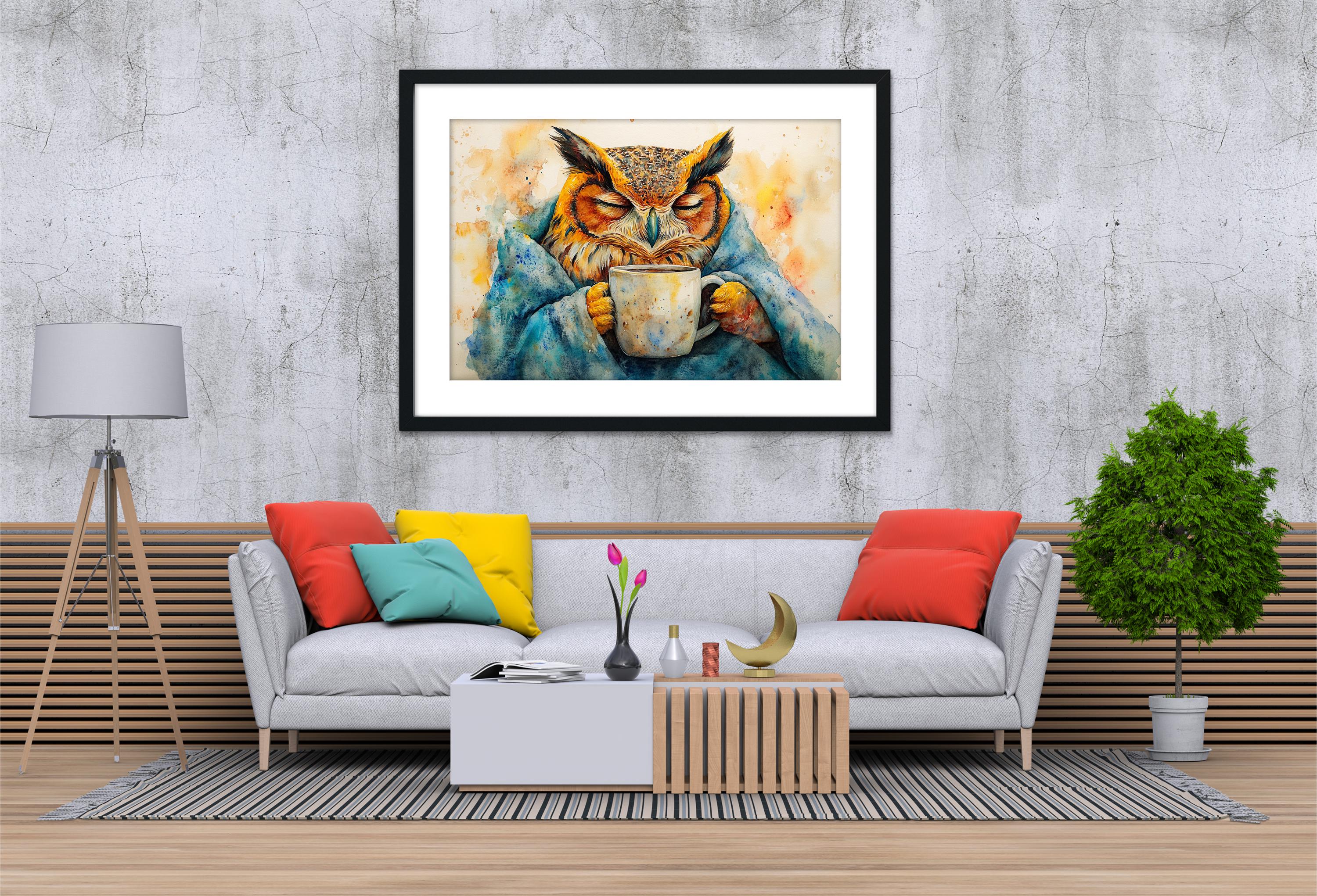 a cozy living room with a gray sofa adorned with colorful pillows, a wooden coffee table, and a framed painting of an owl holding a cup of coffee hanging on the wall above the sofa.