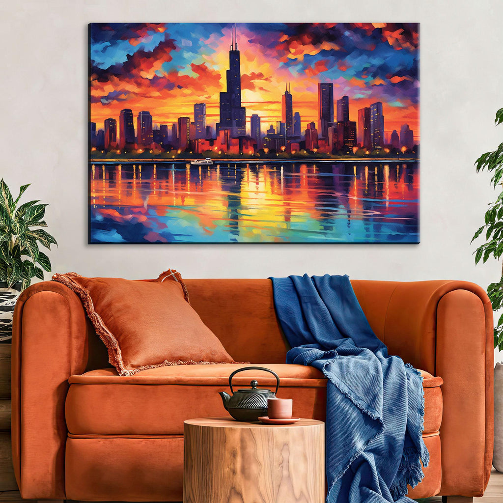 Chicago Skyline Canvas – Vibrant Cityscape Wall Art with Large Night Skyline Art