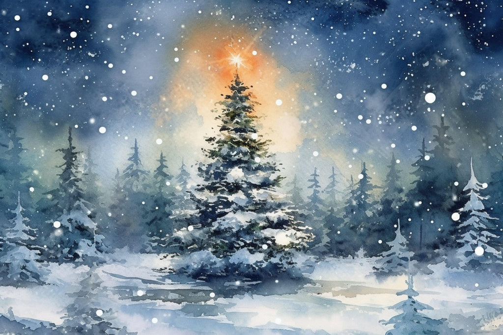 Beautiful Christmas Tree Winter Scene - Watercolor Painting, Print on Canvas, Artist Paper, Watercolor Paper, Available in Extra Large Sizes