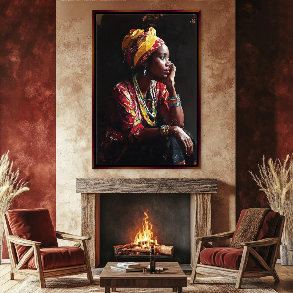 a painting of a woman sitting in front of a fire place