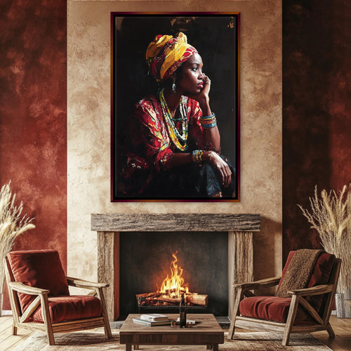 a painting of a woman sitting in front of a fire place