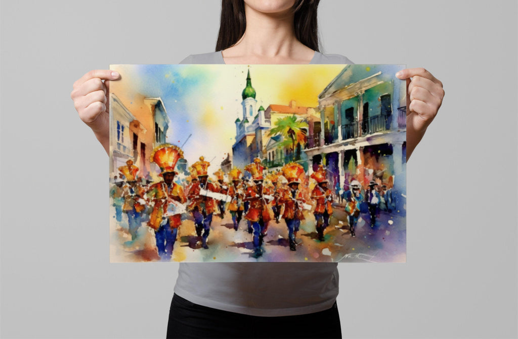 Mardi Gras Marching Band Watercolor – NOLA Parade, Giclee Print on Canvas, Artist Paper, Watercolor Paper, Available in Extra Large Sizes