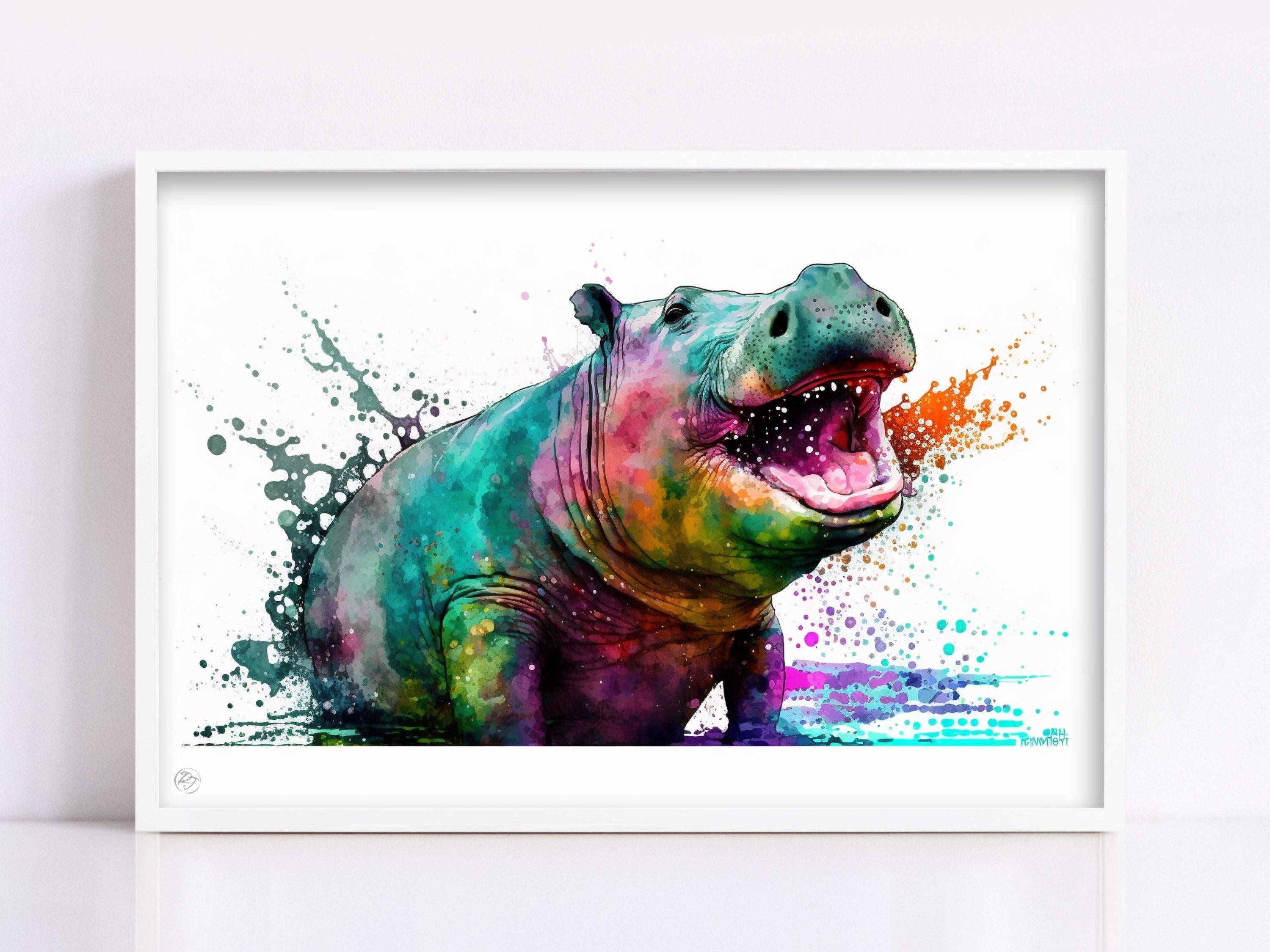 Hippo Serenity: Watercolor Hippopotamus Art Print, Giclee Print on Canvas, Artist Paper, Watercolor Paper, Available in Extra Large Sizes