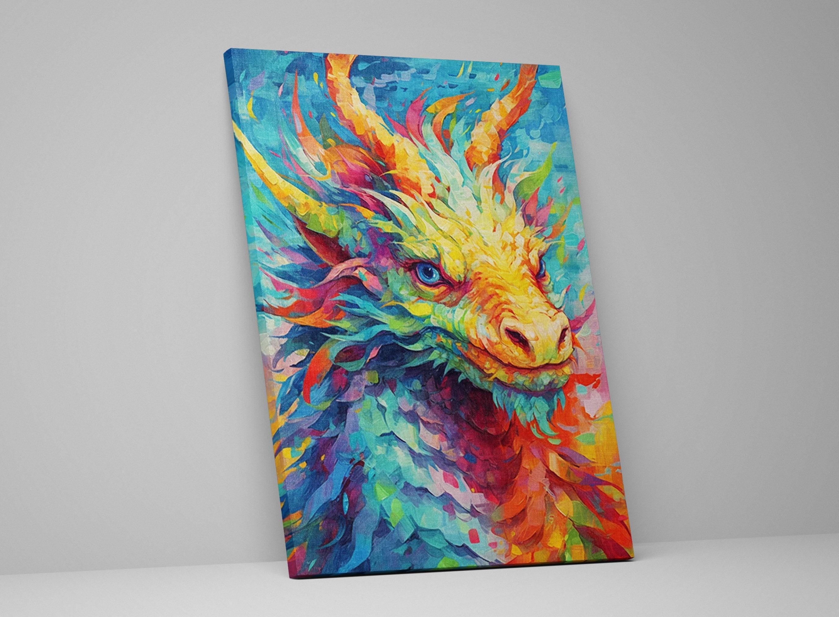 The image is a vibrant, colorful painting depicting a dragon with a large, expressive face and flowing, multicolored scales.