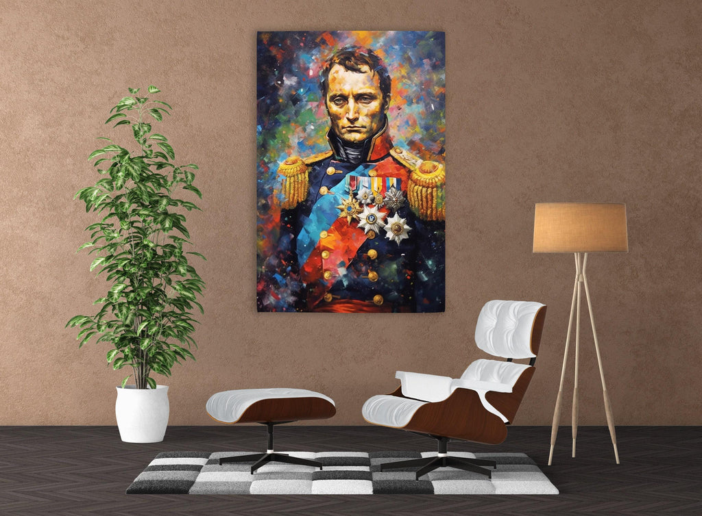 a large painting of a man in a military uniform, which is hanging on a wall in a room with a checkered rug, a potted plant, and a modern chair.