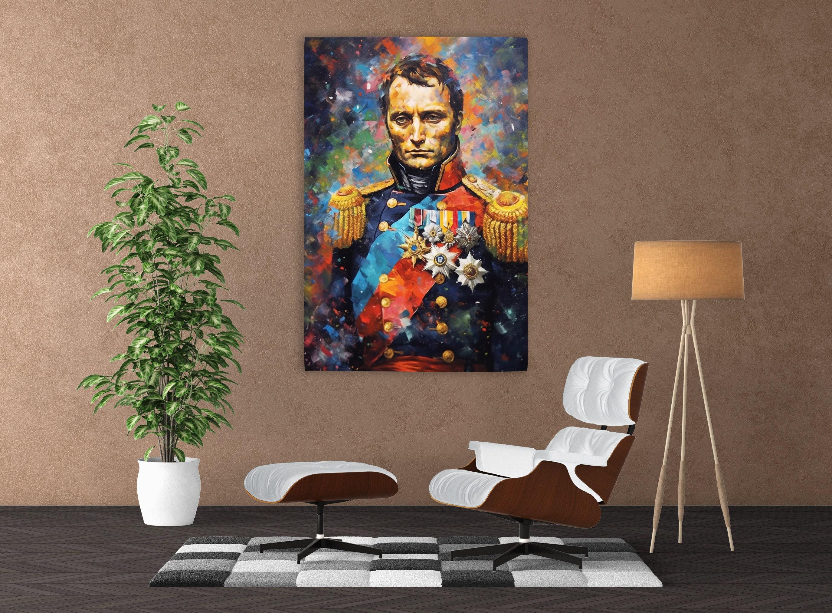 a large painting of a man in a military uniform, which is hanging on a wall in a room with a checkered rug, a potted plant, and a modern chair.