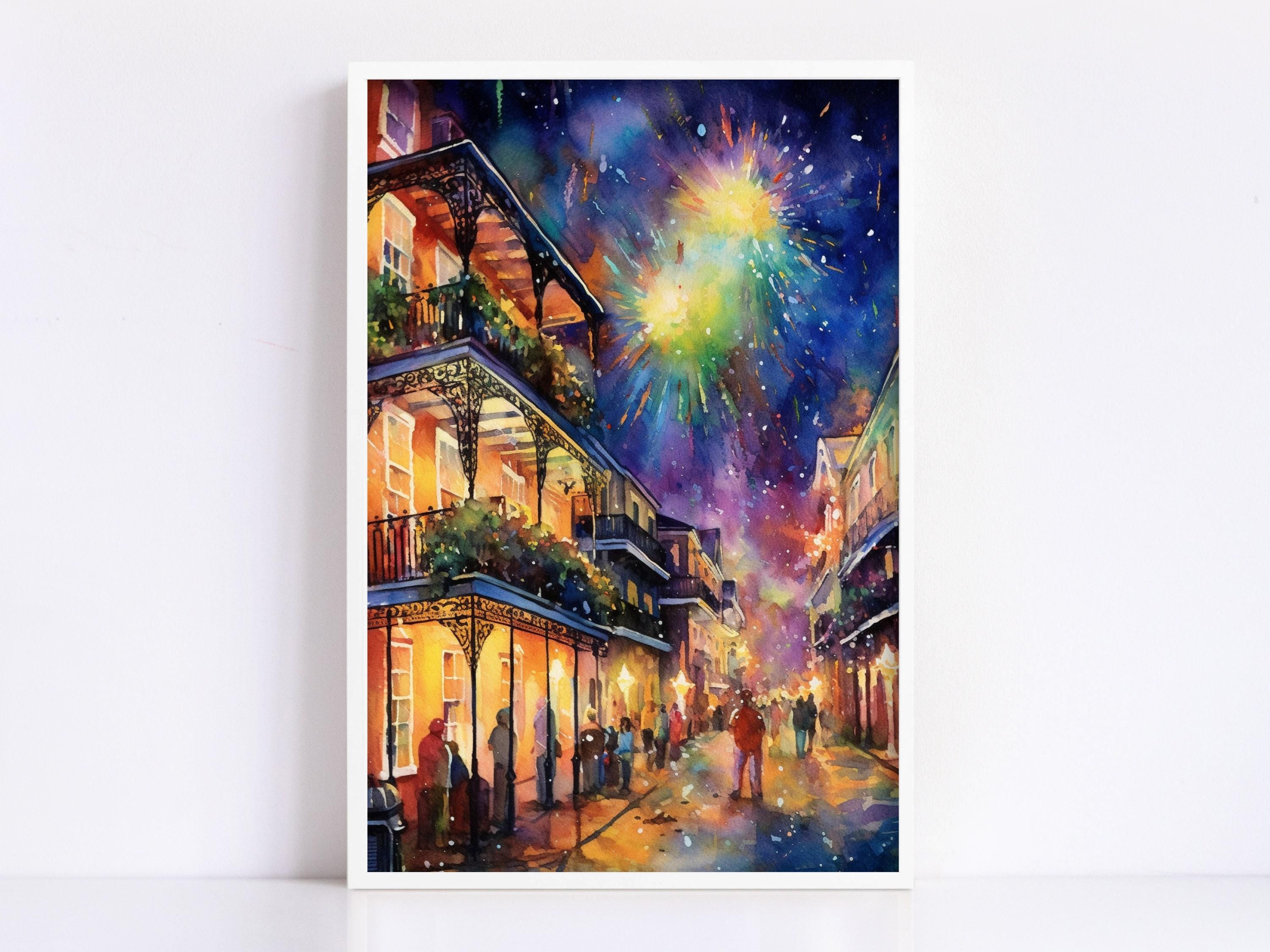 Vibrant Mardi Gras Night Celebration Watercolor –  Giclee Print on Canvas, Artist Paper, Watercolor Paper, Available in Extra Large Sizes