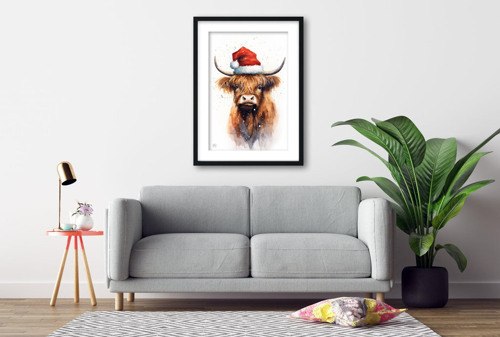 Festive Highland Cow in Santa Hat Watercolor Art, Giclee Print on Canvas, Artist Paper, Watercolor Paper, Available in Extra Large Sizes