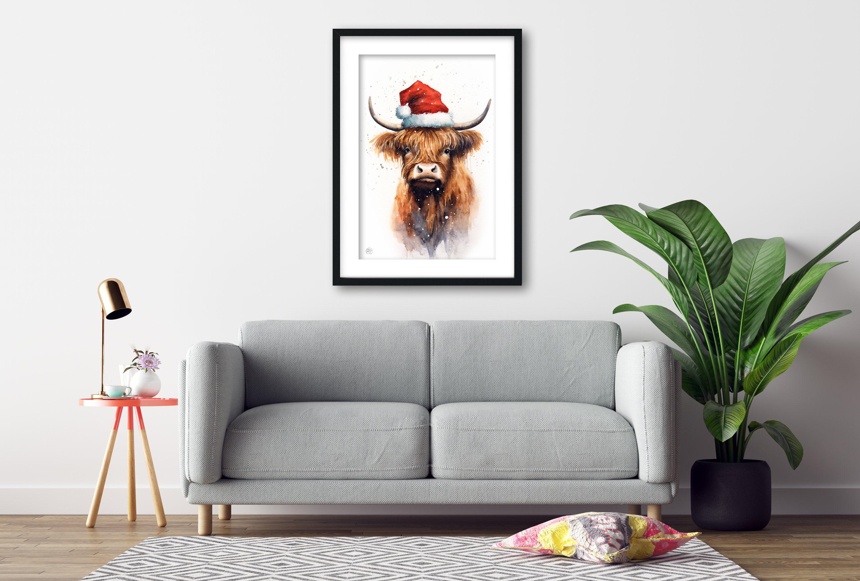Festive Highland Cow in Santa Hat Watercolor Art, Giclee Print on Canvas, Artist Paper, Watercolor Paper, Available in Extra Large Sizes