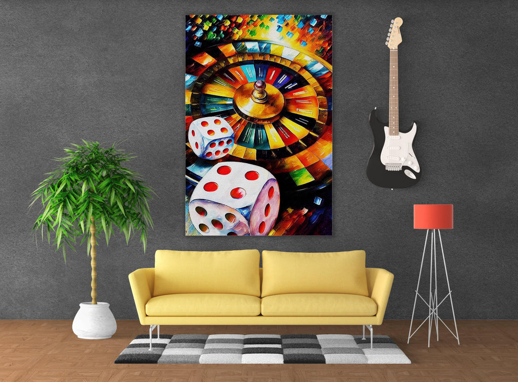 Gambling Canvas Art – Roulette Wheel Print With Dice Wall Art On Wooden Frame